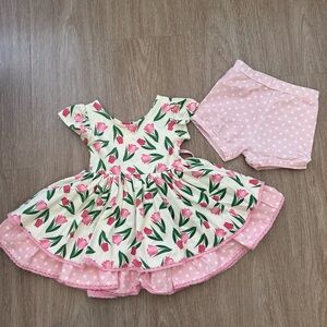 Girls Pink Tulip Print Skater Dress with Polka Dot Shorts